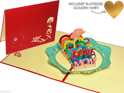 Popcards popupkaarten – Moederdag voor de liefste moeder I love Mom Ik hou van mijn moeder pop-up moederdag pop-up kaart 3D wenskaart. Inclusief fraaie sluitzegel gouden hart.