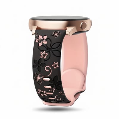 Zwart roze silicone horloge band dames Geschikt voor serie samsung galaxy watch 7 / 6 / 5 / 5 pro / 4 / FE / ACTIVE / ACTIVE 2 20 mm horloge – bloemen patroon horlogeband – two tone floral engraved design