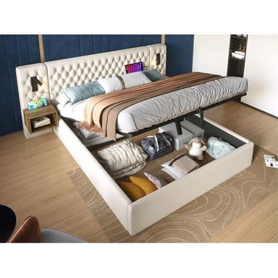 ModernLuxe Fluwelen opbergbed 180x200 cm - 2 nachtkastjes + 2 leeslampjes met USB-aansluiting - Beige (matras niet inbegrepen)