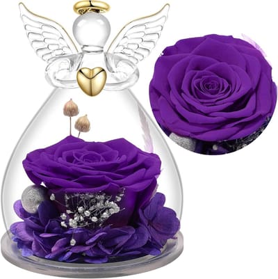 Eeuwige Roos Engel - Behandelde Echte Bloem - Decoratie en Cadeau - Borosilicaat Glazen Kap - 7x7x10.5cm - Paars