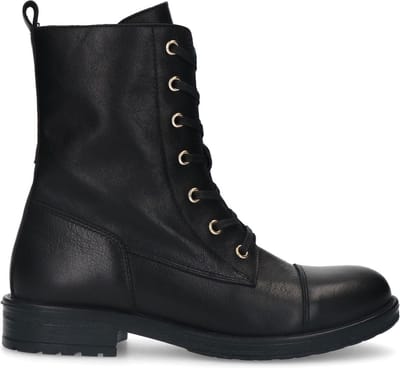 Manfield - Dames - Zwarte leren veterlaarsjes - Maat 36