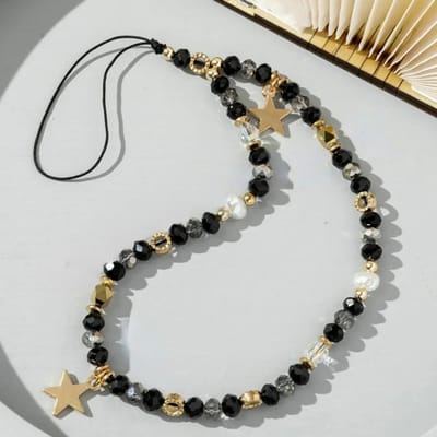 Acryl mobiele telefoonketting Vijfpuntige ster hanger Kralen telefoon lanyard Mobiele telefoon hangende touw voor vrouwen Mode sieraden zwart