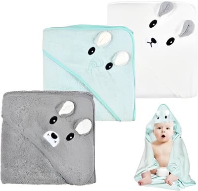 QTTVBTNA - Baby Badcape - Baby Handdoek met Kap - Zachte Coral Fleece - Voor Baby's en Peuters - 0-5 jaar - Grijs, Wit, Groen - 80x80 cm - 3 Stuks