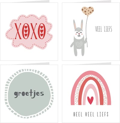 4x wenskaarten / set kaarten en enveloppen | XOXO | o.a. groetjes / heel veel liefs
