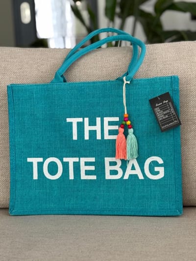 Damestas - The Tote Bag - Linnen - Petrol met witte letters - Extra Flos - 42 x 32 cm.