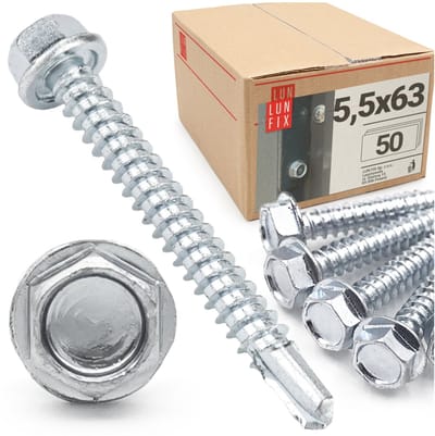 LUN FIX - Boorschroeven 5,5x63 mm - 50 stuks - Zeskantkop DIN 7504K - Verzinkt staal met boorpunt voor trapeziumplaten en metalen platen