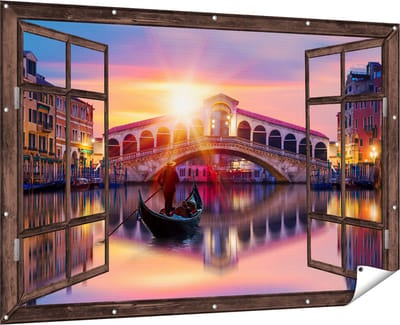 Gards Tuinposter Doorkijk Gondel bij de Rialtobrug in Venetië, Italië - 180x120 cm - Tuindoek - Tuindecoratie - Wanddecoratie buiten - Tuinschilderij
