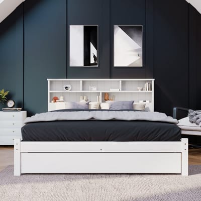 Houten tweepersoonsbed met lades en boekenkast - Voor tiener- en volwassenenkamer 140x200 cm - Wit - Massief grenenhout - 2 grote opberglades - Boekenkast hoofdeinde
