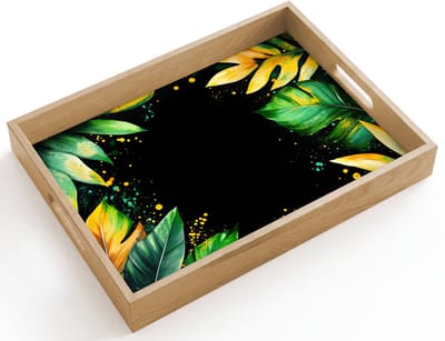 Dienblad hout 40x30 cm - Schootdienblad - Bladeren - Groen - Geel - Verf - Jungle - Borrelplank rechthoek - Plateau dienbladen