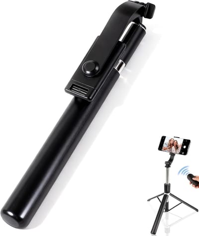 Famanu – Selfiestick 170 cm met telefoonstatief en afstandsbediening, draaibaar en uitschuifbaar statief voor iPhone en Android smartphones