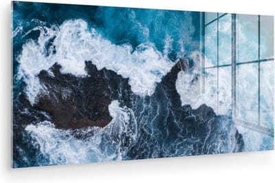 MuchoWow® Glasschilderij 80x40 cm - Schilderij acrylglas - Zee - Golf - Blauw - Foto op glas - Muurdecoratie woonkamer - Wanddecoratie slaapkamer - Schilderijen