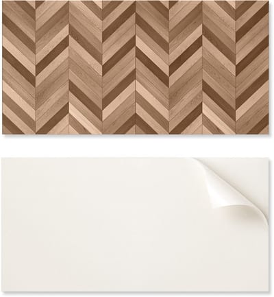 Zelfklevend vinyl wandpaneel 100x50 cm met visgraatpatroon en houtmotief.