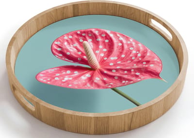 Dienblad rond 40x40 cm - Schootdienblad hout - Blad - Anthurium - Stippen - Roze - Borrelplank rechthoek - Plateau houten dienbladen