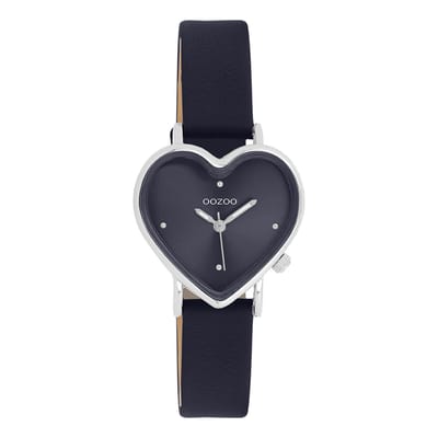OOZOO Timepieces - Zilverkleurige OOZOO horloge met donker blauwe leren band - C11449