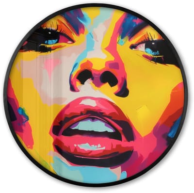 Poster in lijst Rond - Fotolijst 60x60 cm - Posters - Vrouw - Gezicht - Kleurrijk - Ronde posterlijst zwart - Decoratie - Wanddecoratie woonkamer - Muurdecoratie slaapkamer