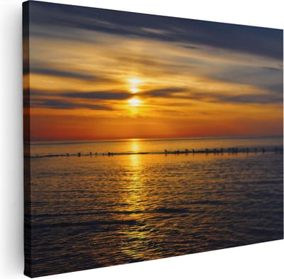 Artaza Canvas Schilderij Zee En Strand - 40x30 cm - Klein - Wanddecoratie Zonsondergang - Muurdecoratie Vogels - Kamer Accessoires
