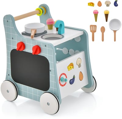 COSTWAY 6-in-1 loopwagen van hout, loophulp met speelkeuken, leerklok, aanpassing en beweegbare schuiver, kinderkeuken, babywalker met wielen, voor kinderen vanaf 1 jaar (blauw)