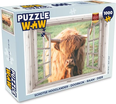 Puzzel Schotse hooglander - Doorkijk - Raam - Dier - Legpuzzel - Puzzel 1000 stukjes volwassenen