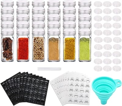 30 Pack Glazen Kruidenpotjes Flessen 4oz Lege Vierkante Kruidenpotten met Zilveren Metalen Deksels Volledige Organizer Kit Inclusief Sprinkler Deksel Brede Trechter en Etiketten