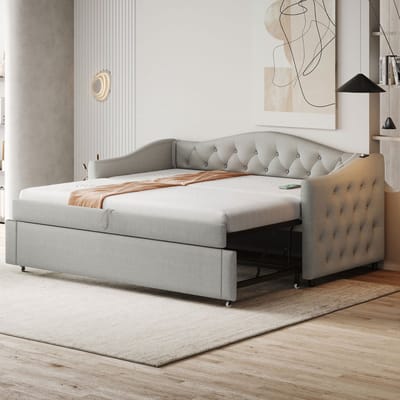 Uitschuifbare slaapbank - 90x200 cm - Grijs linnen stof - 300 kg draagvermogen - Met lattenbodem - USB-aansluiting - Multifunctioneel