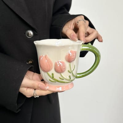 Tulpbeker voor Meisjes Verjaardagscadeaus Exquise Koffie Ontbijtkop Praktische Hand Socken Cadeaus voor Meisjes 301-400ml beige