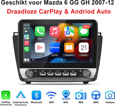 JUNSUN Android 15 Autoradio Geschikt voor Mazda 6 GG GH 2007-2012 - 2GB+64GB, Draadloze CarPlay & Andriod Auto, DAB+, GPS-navigatiesysteem, Bluetooth, Stuurwielbediening, WiFi, 10.1-inch Touchscreen, DSP, Quad core processor