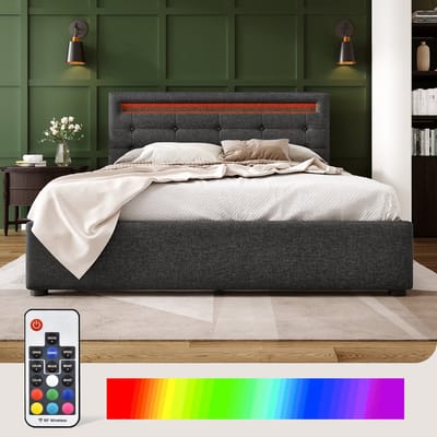 KOMHTOM Tweepersoonsbed 140x200cm Bed met laden In hoogte verstelbaar met LED-verlichting en 4 laden Grijs