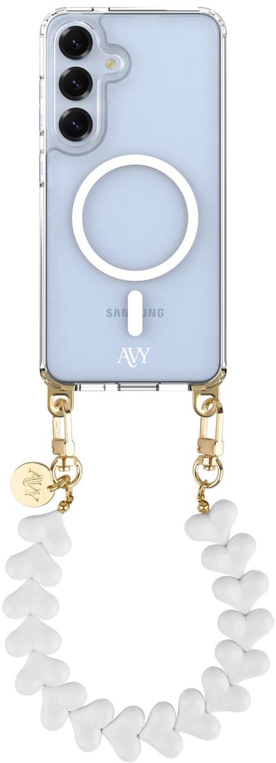 AVY Hoesje geschikt voor Samsung Galaxy S25 / S24 | Compatibel met MagSafe | Clear Case met Telefoonkoord 30CM | Polsband Cupid White