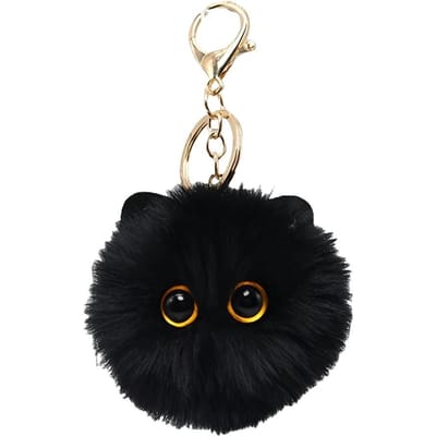 Porte-clés Mignon Chaton Moelleux Boule Visage de Chat en Fausse Fourrure Douce Porte-clés Pendant Croc à Ressort Doré Ornement de Sac à Dos Pour Adolescentes noir