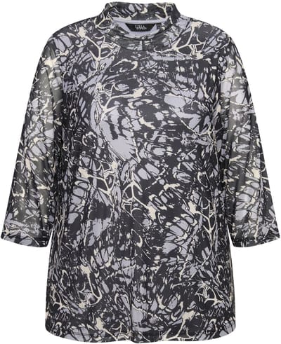 Ulla Popken - Dames - Mesh shirt dubbel gelaagd A-lijn opstaande kraag 3/4-mouw - Zwart - Maat 42+