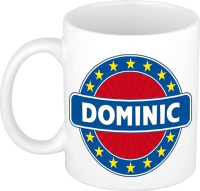 Bellatio Decorations - Dominic voornaam - koffiemok - beker - wit/blauw - 300 ml - Cadeau - Heren - Collega - Vaderdag - Verjaardag