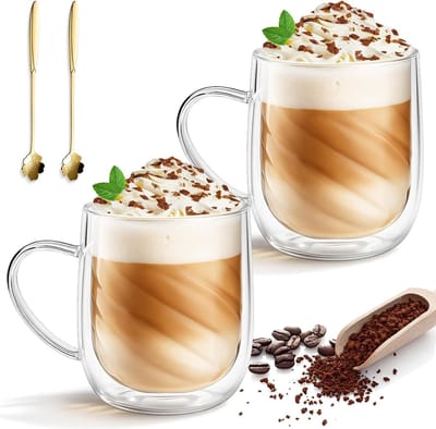 Dubbelwandige Glazen voor Latte Macchiato en Cappuccino - 400ml Thermische Koffieglaasjes met Handvat en Lepels voor Thee, Espresso en Bier (4 stuks)