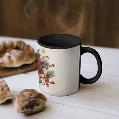 Magische Mok - Foto op Warmte Mokken - Koffiemok - Kerststuk - Poinsettia - Dennenappels - Rood - Magic Mok - Beker - 350 ML - Theemok