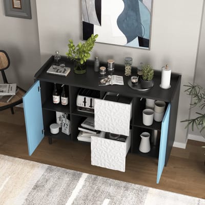 DESMIU Dressoir - Met 2 Laden En Open Vakken - Opbergkast Voor Keuken Woonkamer En Werkkamer - MDF - 120x40x80 Cm - Zwart Blauw