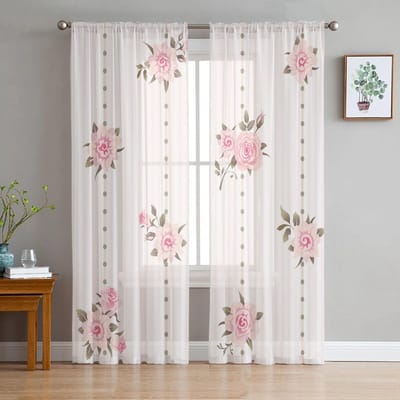 Bloem Bladeren Rode Strepen Plant Ronde Tule Gordijn voor Woonkamer Keuken Slaapkamer Transparante Tule voor Café Hotel Moderne Huisdecoratie 135W x 114H(cm) white