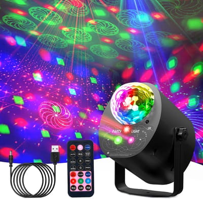 Discobol, muziekgestuurde discolamp, partylicht met stroboscoop, 3-in-1 discolamp, feestverlichting met afstandsbediening en 3 m USB-kabel voor familie, festival, club, Kerstmis, feestdagen