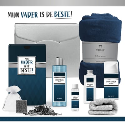 Geschenkset ''Mijn Vader Is De Beste!" - 7 Producten - 1175 Gram | Cadeau Man - Verjaardag - Jarig - Vaderdag Cadeau Pakket Deluxe - Wellness Gift Set Man - Bedankt liefste vader - Allerbeste Papa - Nummer 1 - Verjaardagscadeau - Blauw Zilver