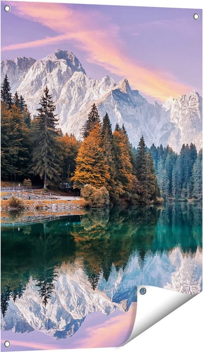 Gards Tuinposter Meer met Weerspiegeling van de Bergen - 60x90 cm - Tuindoek - Tuindecoratie - Wanddecoratie buiten - Tuinschilderij