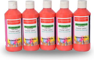 Plakkaatverf Extra Dekkende 5 Stuks Plakkaatverf Rood 250ml | Kind- en Volwassenvriendelijk | Uitwasbaar en Niet-Giftig | Geschikt voor Papier en Hout - 16cm Hoog, 5cm Breed