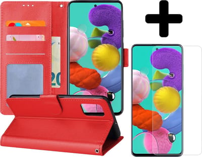 Hoesje - Met Screenprotector - Geschikt voor Samsung Galaxy A51 - Luxe Pasjeshouder - Flipcase - Bookcase Portemonee - Flip Case - Kunstleer Book Case - Book Cover - Walletcase - Portemonneehoes - Telefoonhoes - Rood
