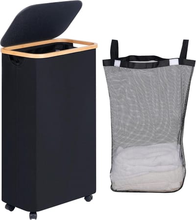 Slimme Vouwbare Wasmand met Wielen en Deksel, 75 Liter, Ideaal voor Badkamer en Slaapkamer, Inclusief Afneembare Tas en Bamboe Handvatten