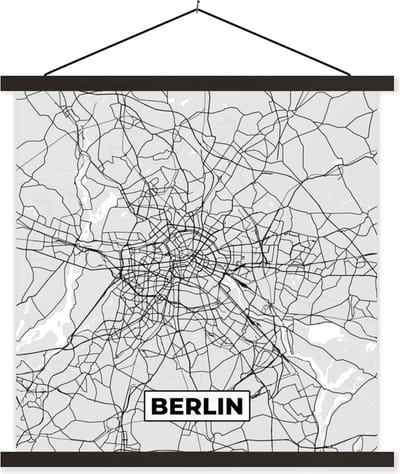 Posterhanger incl. Poster 60x60 cm - Schoolplaat - Berlin - Kaart - Duitsland - Plattegrond - Stadskaart - Textielposter - Zwarte latten - Stadskaart