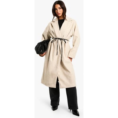 boohoo Dames Petite Neplederlook Jas met Riem en Wol-Look | Mushroom | Maat: 10