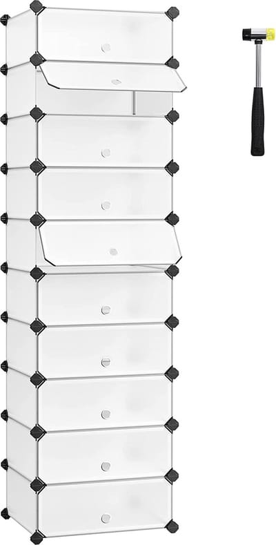 Hoppa! Schoenenrek met 10 vakken, schoenenkast, 48 x 173 x 36 cm per vak, smal, met deuren, stalen frame, kunststof, voor hal, slaapkamer, entree, wit/transparant