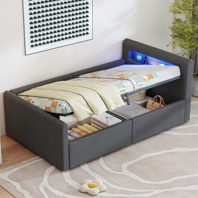 DESMIU Gestoffeerd Kinderbed 90x200 cm - Kinderbed Met Ledverlichting En Nachtlicht, Usb-Laadpoort - Hydraulische Opbergruimte - Grijs - Zonder Matras