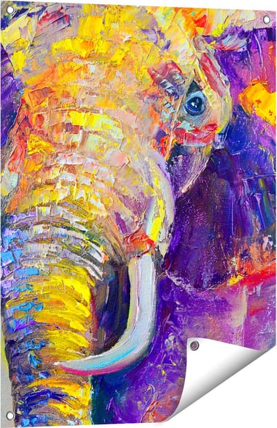 Gards Tuinposter Olifant van Olieverf - Kleur - Abstract - 60x80 cm - Tuindoek - Tuindecoratie - Wanddecoratie buiten - Tuinschilderij
