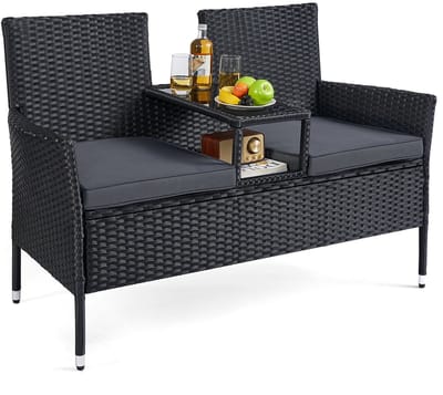 Joorly Tuinstoel - Tuinbank met tafel - Tuinset - tuinmeubelen stoelen tafel - Met kussen - 65x131x84cm - Zwart