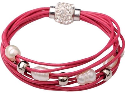 Zoetwaterparel armband Bling Pearl Red - echte parels - echt leer - wit - rood - zilver - magneetslot - luxe sieraden zakje - parel armband dames