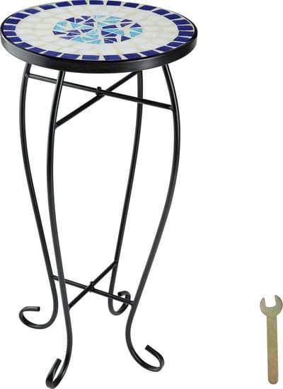 tectake® - Balkontafel bloemenkruk tuintafel terrastafel plantenkruk bijzettafel - mozaïek wit/blauw - 402769