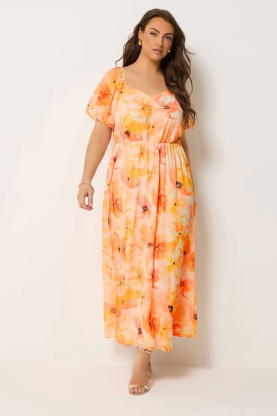 Yours Oranje Jurk Met Bloemenprint En Engelenmouwen Size 42